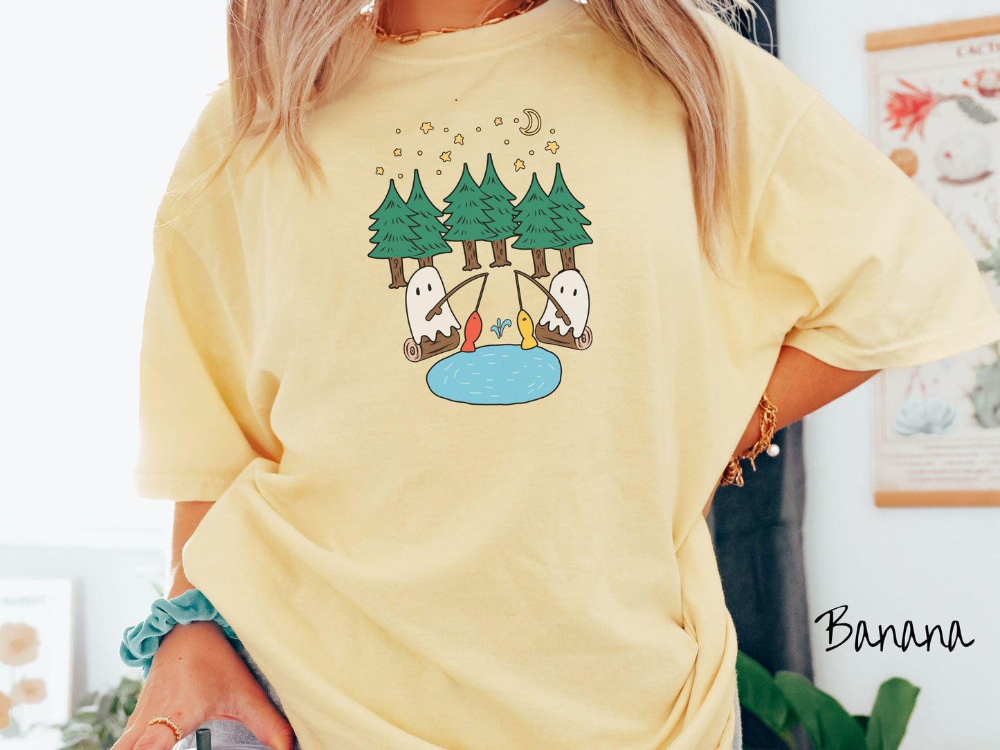 The Ghosts Fishing Forest Comfort Colors Shirt, Camping Ghost Tee, Camp Halloween Shirt, Cute Spooky Tee, Camping Gift Halloween