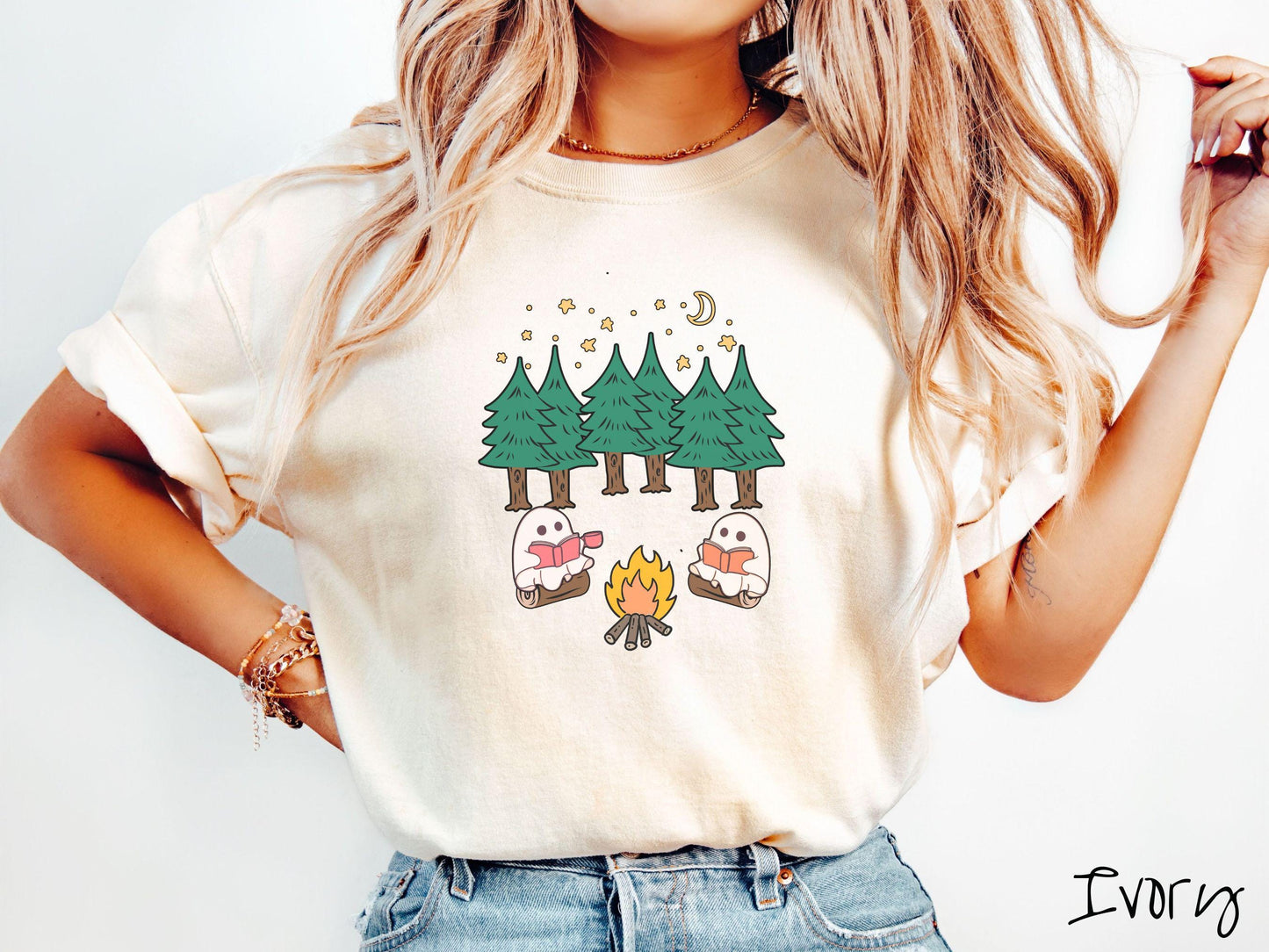 The Ghosts Reading Comfort Colors Shirt, Camping Ghost Tee, Camp Halloween Shirt, Cute Spooky Tee, Camping Gift Halloween