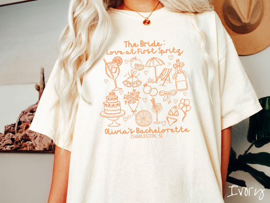 The Custom Love at First Spritz Bachelorette Party Comfort Colors Shirt Custom, Aperol Bride, Personalize Bach Party Shirt, Bridal Tee