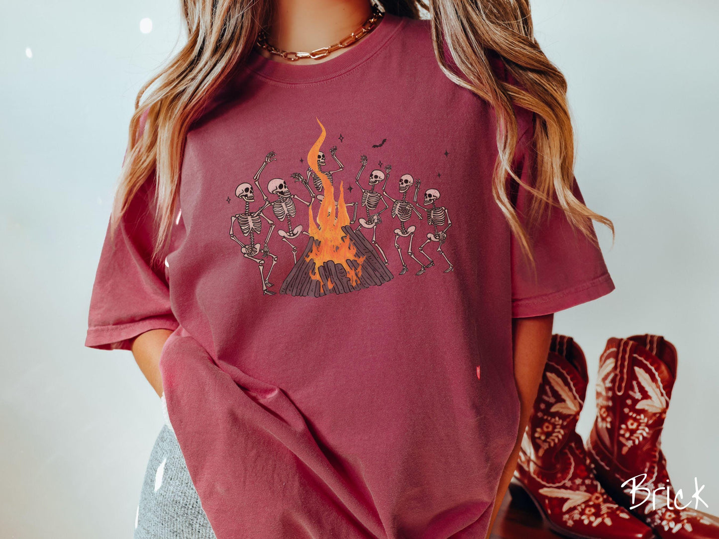 Vintage Dancing Skeletons Bonfire Comfort Colors Shirt, Camping Ghost Tee, Gothic Skeletons Shirt, Cute Spooky Tee, Camping Gift Halloween