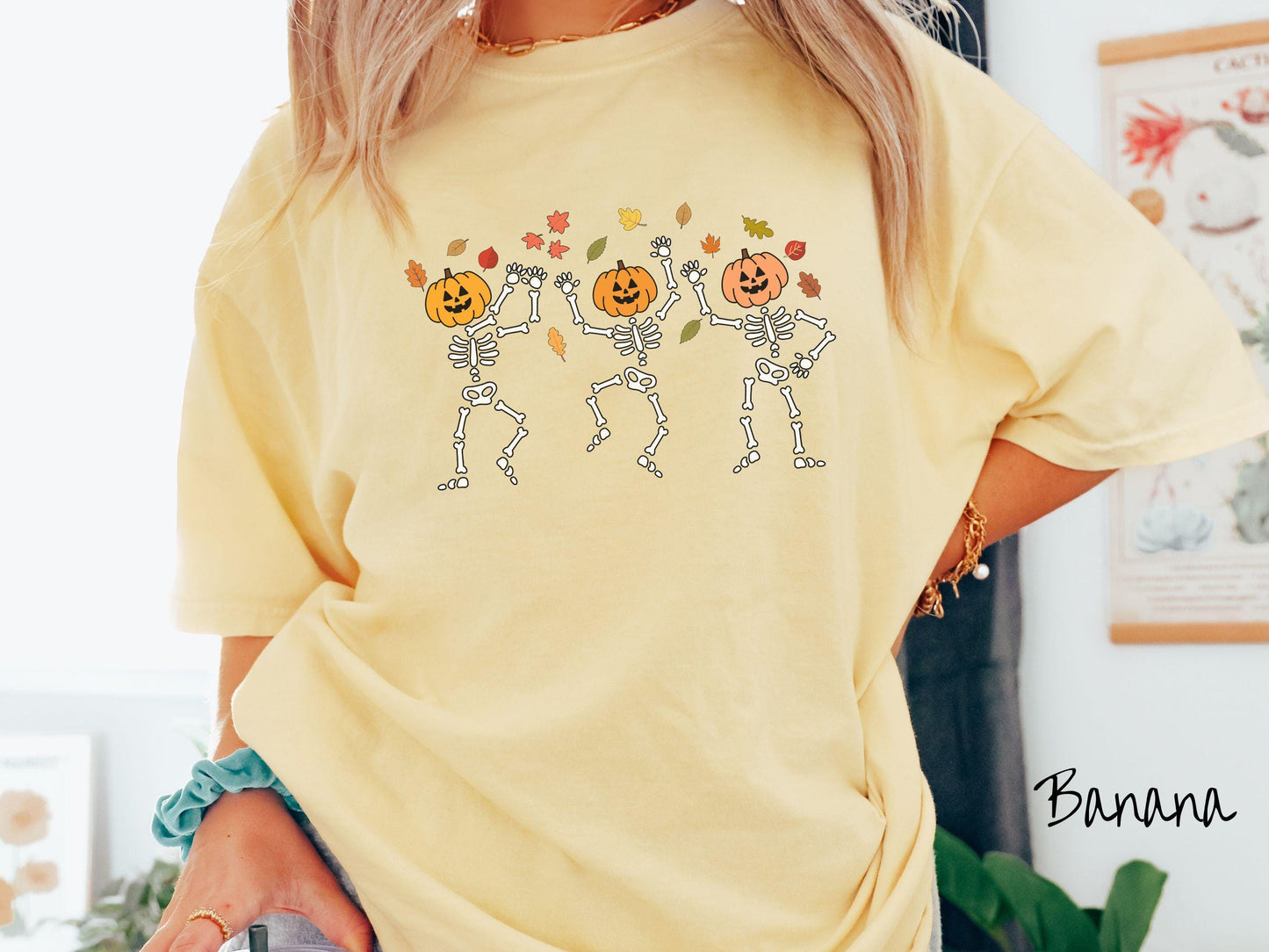 The Cozy Fall Dancing Skeletons Comfort Colors Shirt, Camping Ghost Tee, Fall Leaves, Cute Spooky Tee, Spooky Fall Shirt