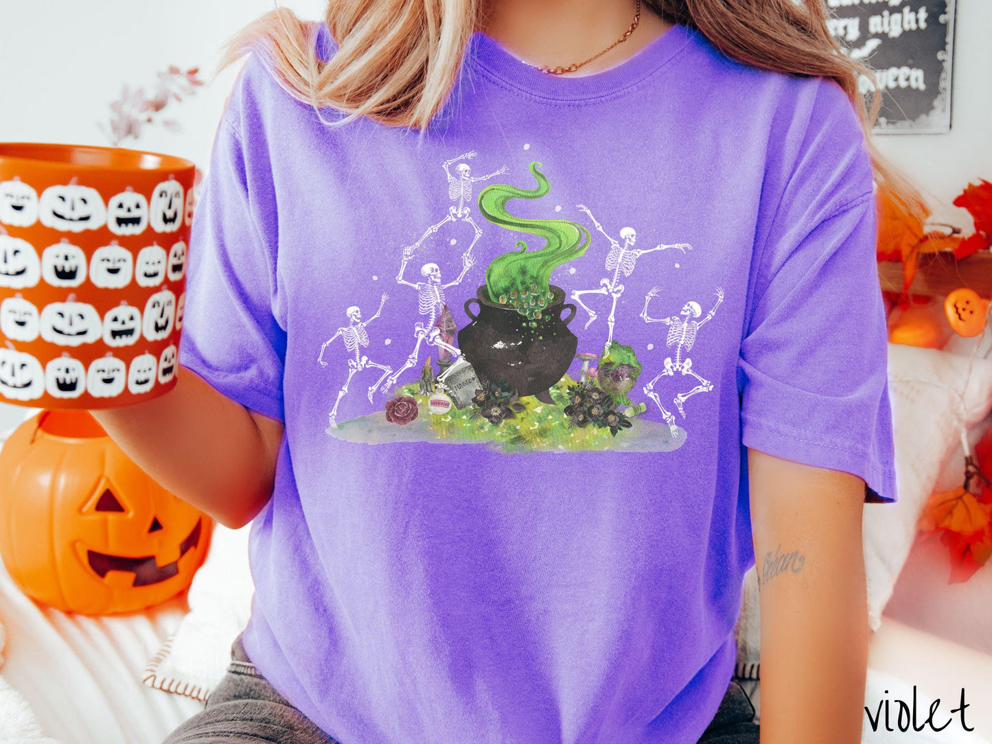 The Witchy Dancing Skeletons Comfort Colors Shirt, Witch Cauldron Potion Tee, Fall Leaves, Cute Spooky Tee, Spooky Fall Shirt