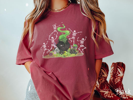 The Witchy Dancing Skeletons Comfort Colors Shirt, Witch Cauldron Potion Tee, Fall Leaves, Cute Spooky Tee, Spooky Fall Shirt