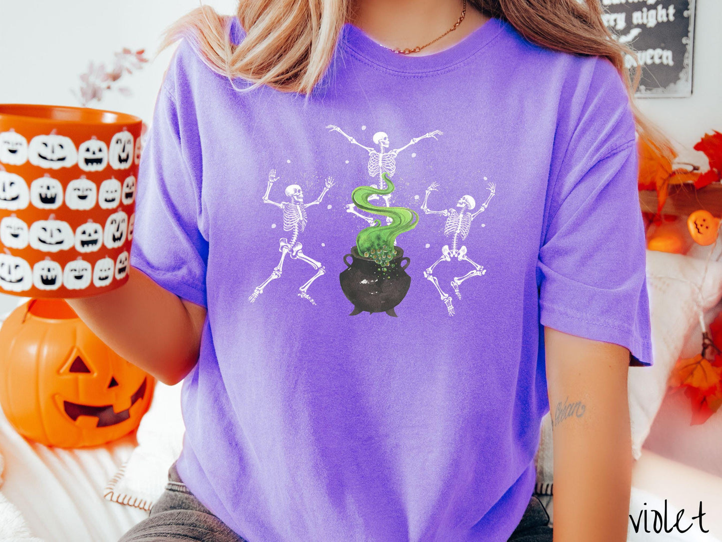 The Vintage Dancing Skeletons Cauldron Comfort Colors Shirt, Skeleton Lover Tee, Gothic Skeletons Shirt, Cute Spooky Tee, Halloween Gift