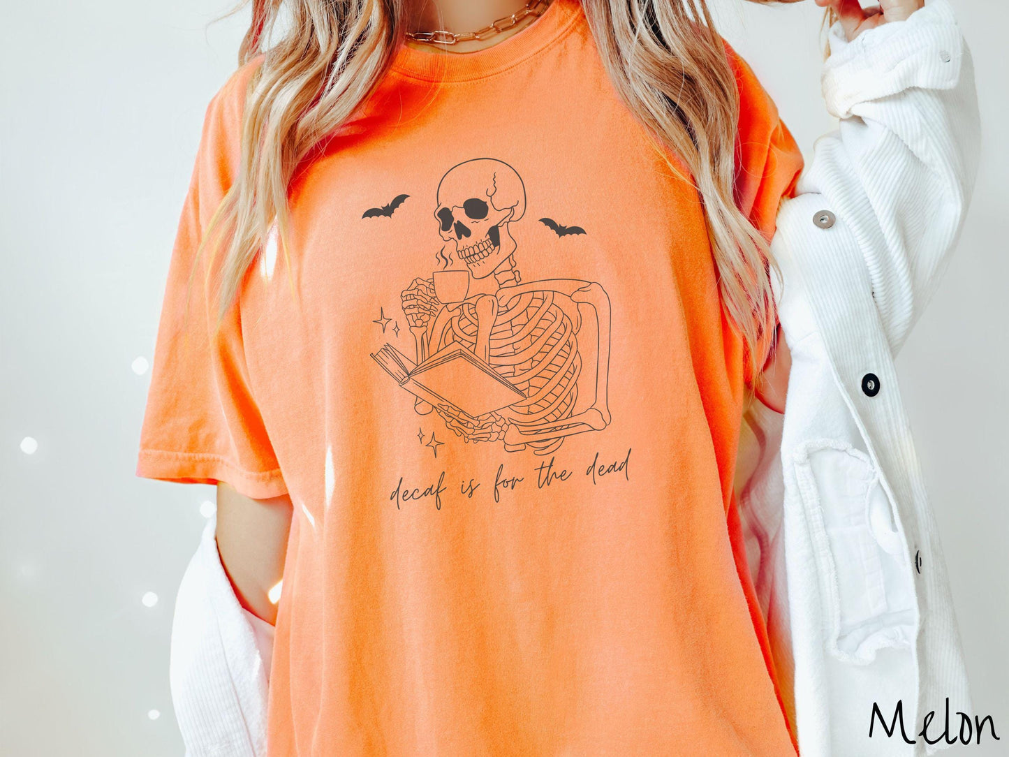 The Decaf is for the Dead Comfort Colors Shirt, Skeleton Book and Coffee Tee, Gothic Skeletons Shirt, Cute Spooky Tee, Halloween Gift