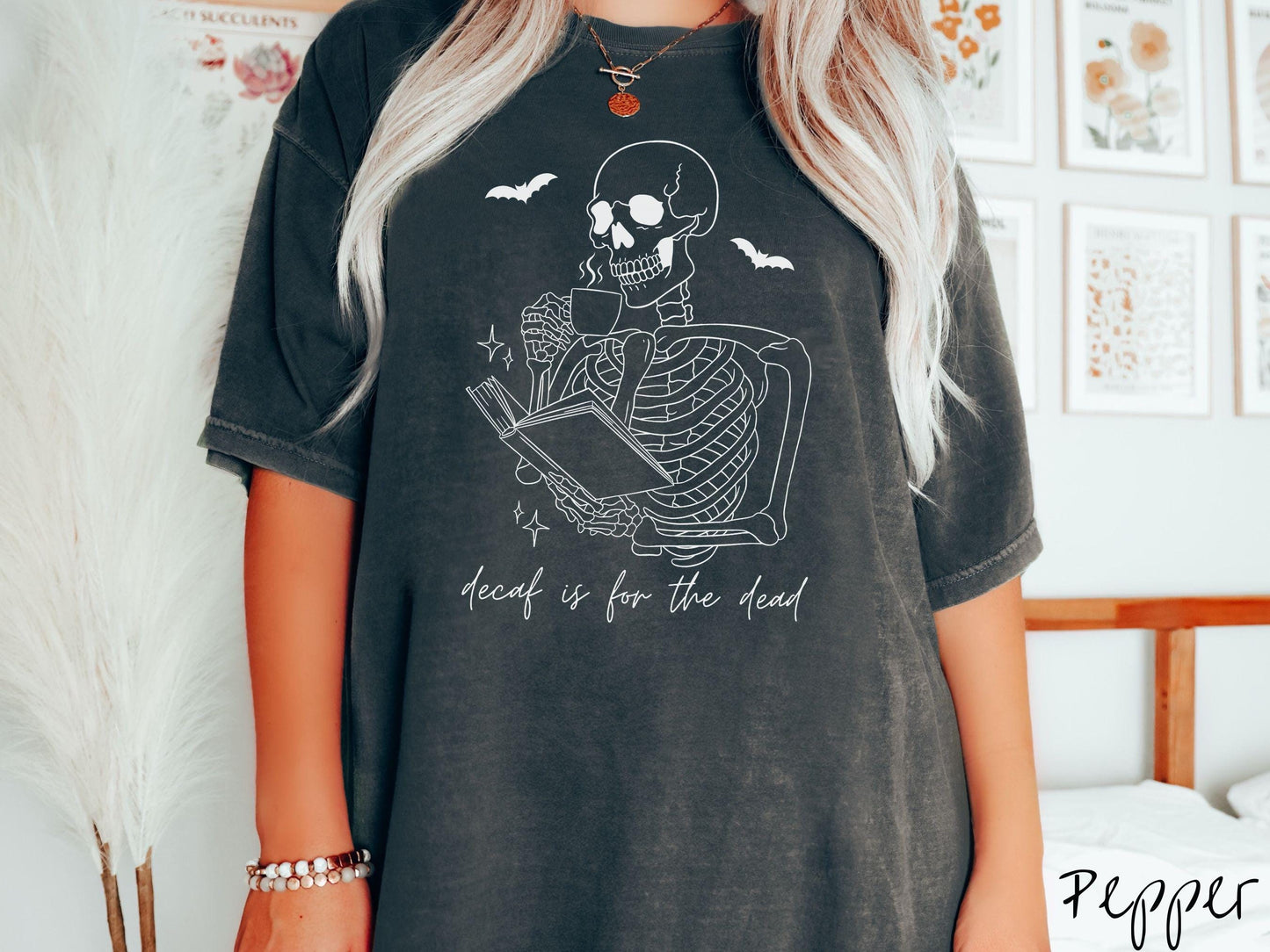 The Decaf is for the Dead Comfort Colors Shirt, Skeleton Book and Coffee Tee, Gothic Skeletons Shirt, Cute Spooky Tee, Halloween Gift