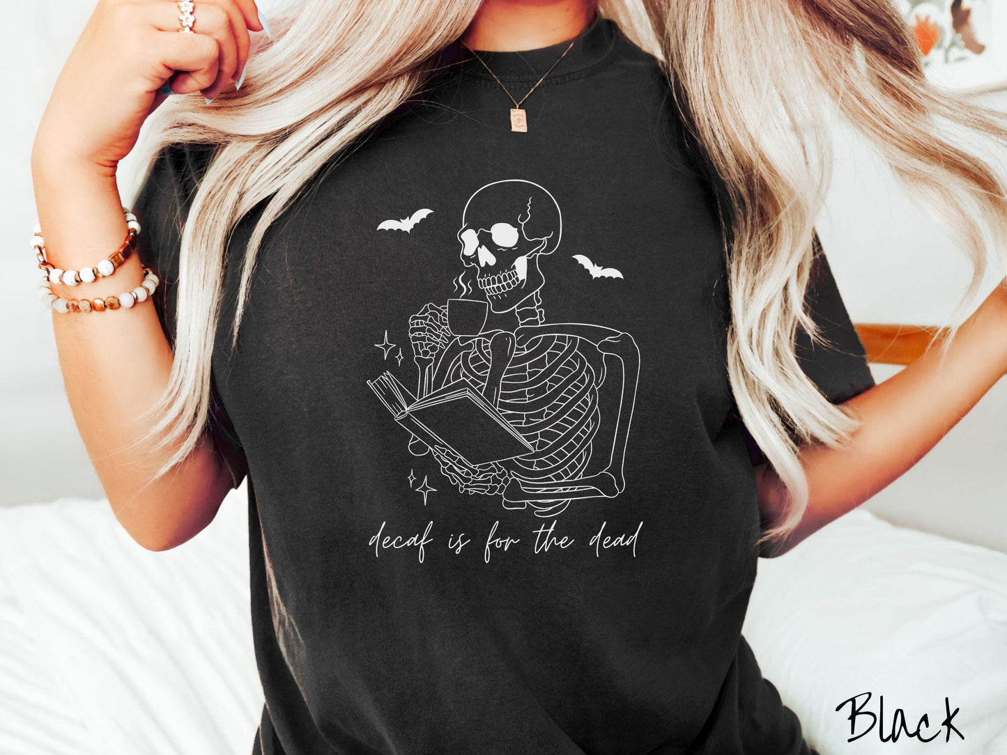The Decaf is for the Dead Comfort Colors Shirt, Skeleton Book and Coffee Tee, Gothic Skeletons Shirt, Cute Spooky Tee, Halloween Gift
