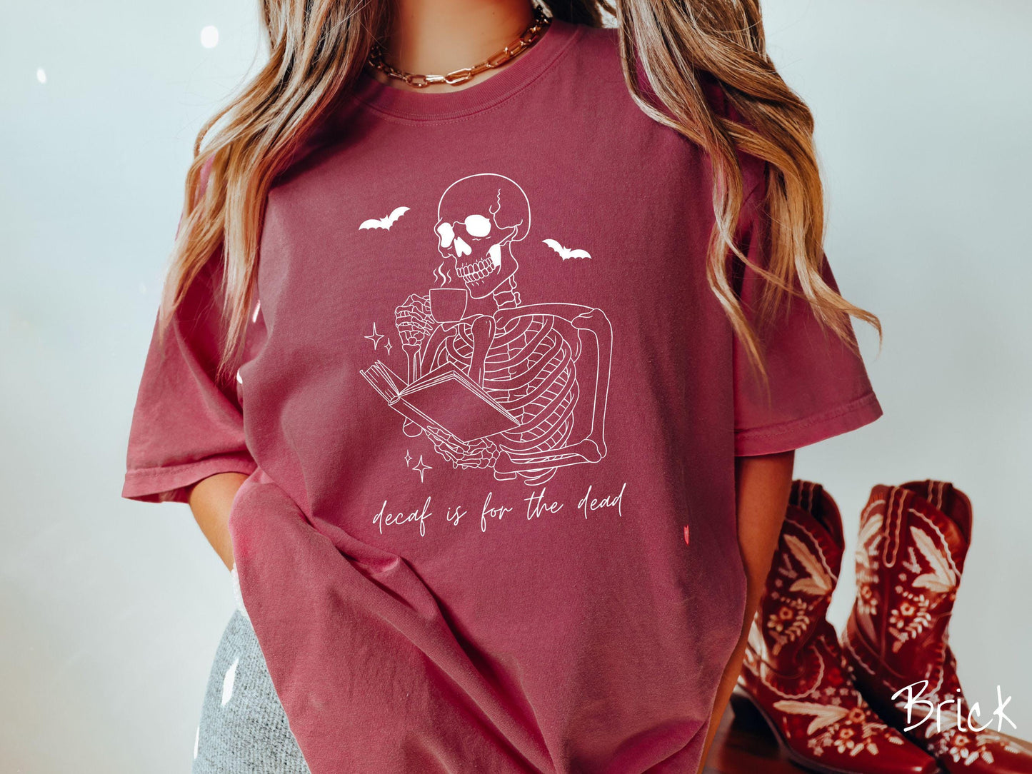 The Decaf is for the Dead Comfort Colors Shirt, Skeleton Book and Coffee Tee, Gothic Skeletons Shirt, Cute Spooky Tee, Halloween Gift