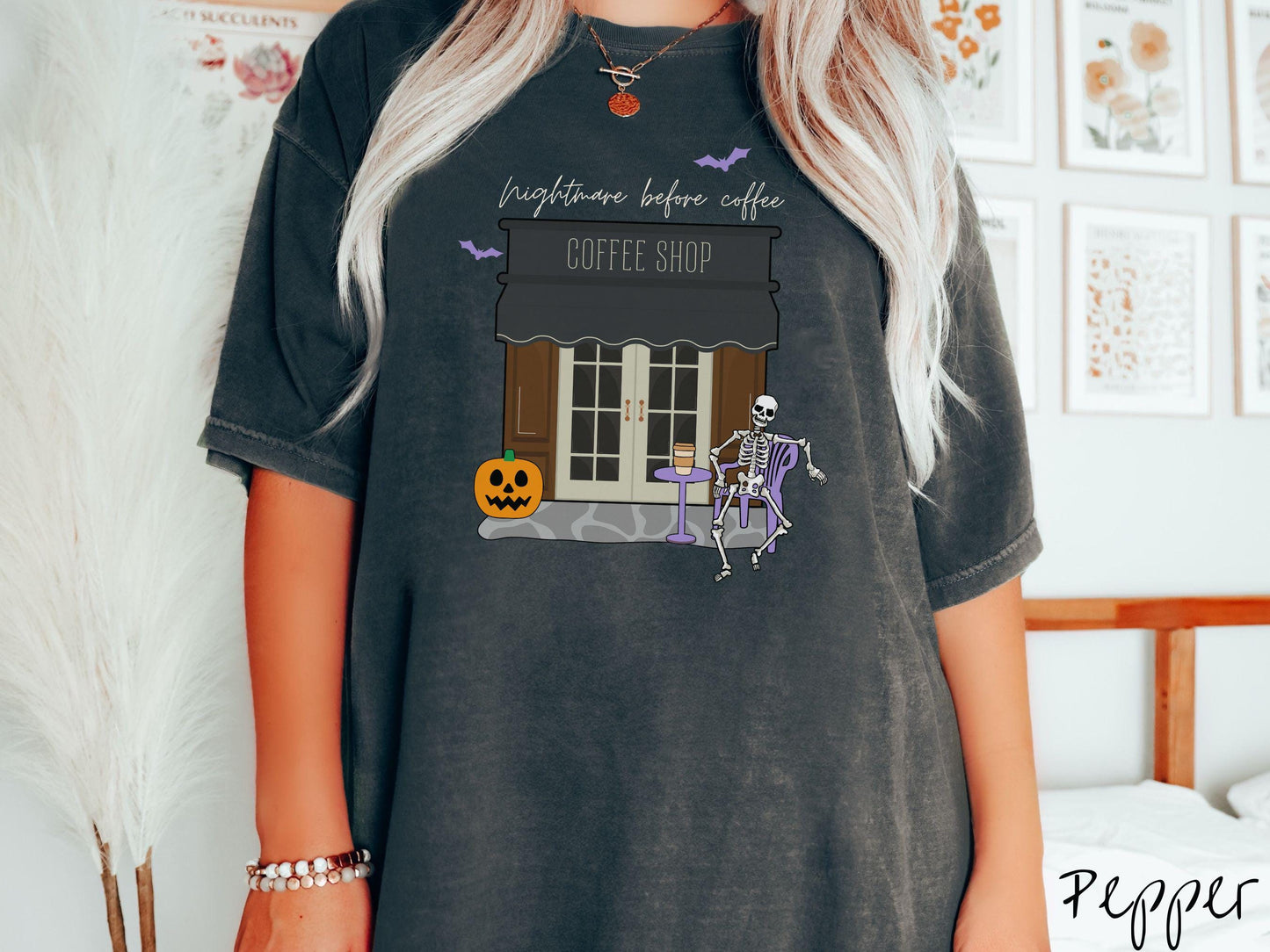 The Nightmare Before Coffee Comfort Colors Shirt, Skeleton Coffee Shop Tee, Gothic Skeletons Shirt, Cute Spooky Tee, Halloween Gift