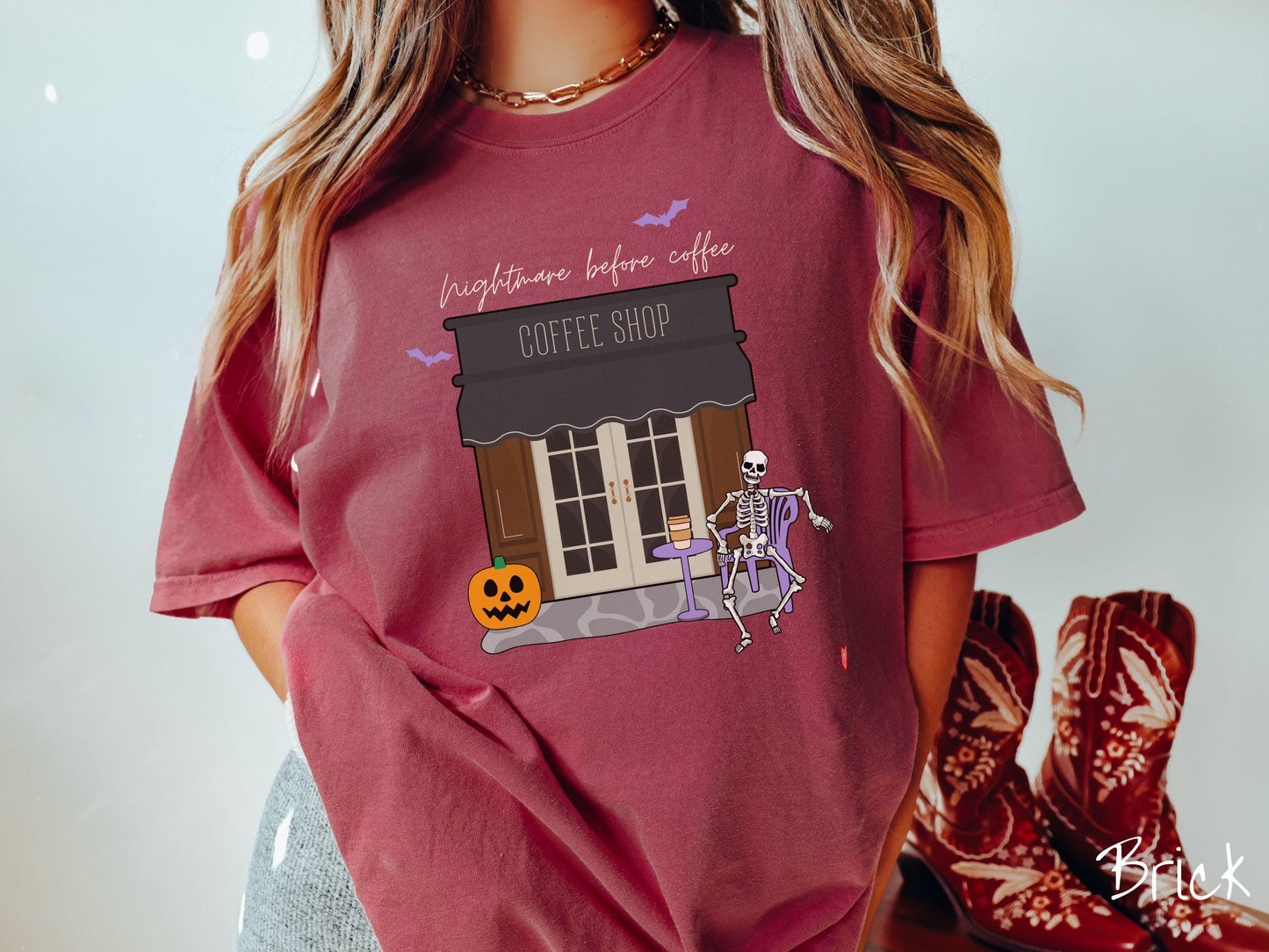 The Nightmare Before Coffee Comfort Colors Shirt, Skeleton Coffee Shop Tee, Gothic Skeletons Shirt, Cute Spooky Tee, Halloween Gift