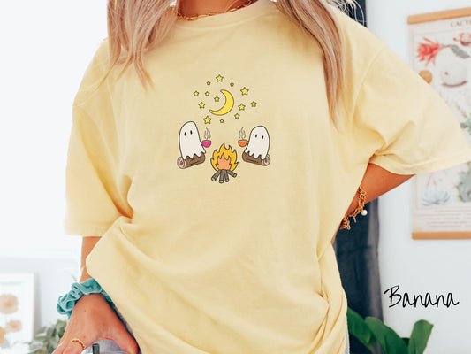 The Cozy Ghosts and Coffee Comfort Colors Shirt, Camping Ghost Tee, Camp Halloween Shirt, Cute Spooky Tee, Camping Gift Halloween