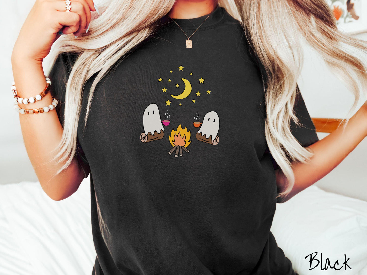 The Cozy Ghosts and Coffee Comfort Colors Shirt, Camping Ghost Tee, Camp Halloween Shirt, Cute Spooky Tee, Camping Gift Halloween