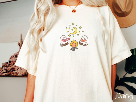 The Cozy Ghosts Reading Comfort Colors Shirt, Camping Ghost Tee, Camp Halloween Shirt, Cute Spooky Tee, Camping Gift Halloween