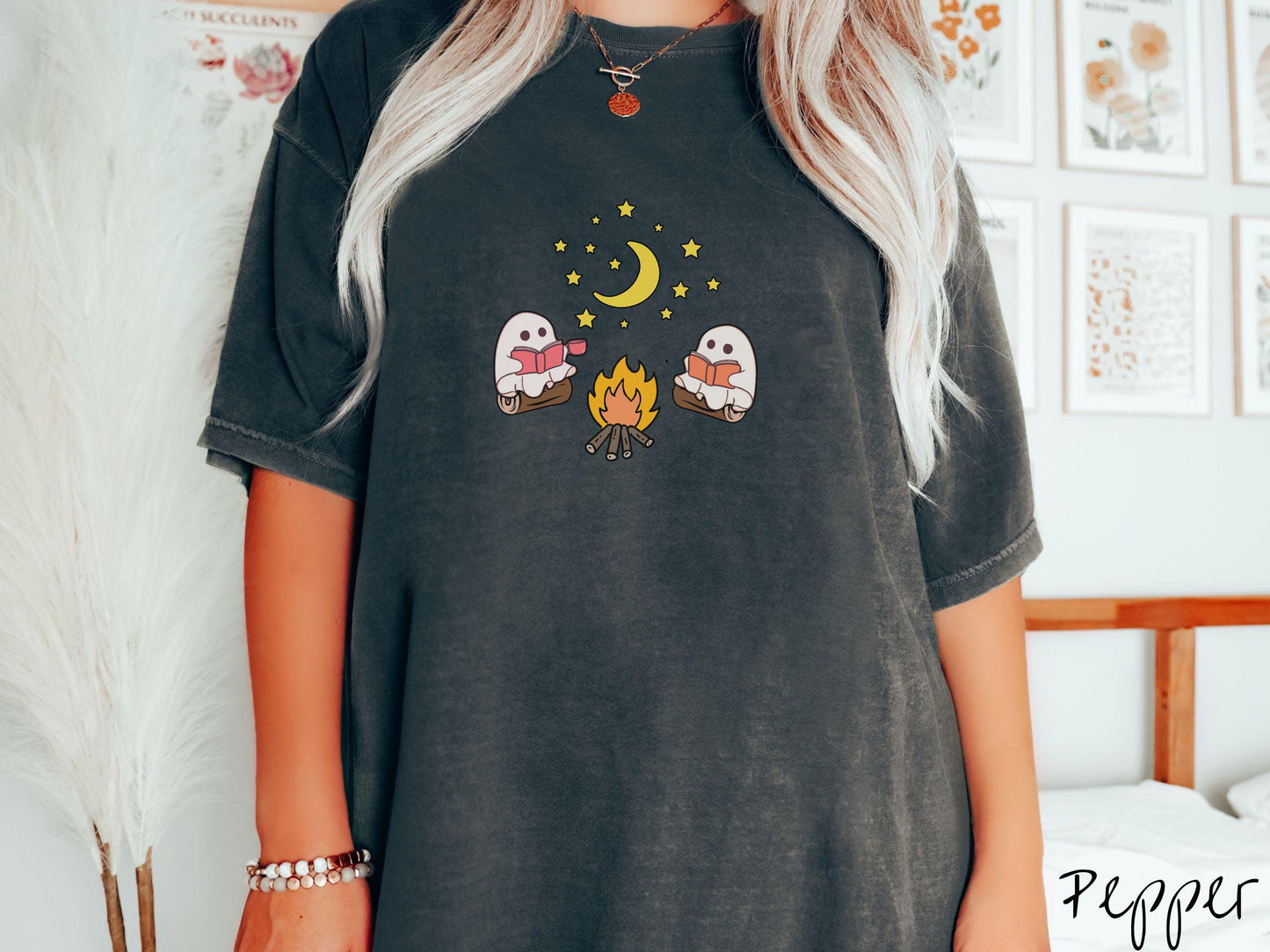 The Cozy Ghosts Reading Comfort Colors Shirt, Camping Ghost Tee, Camp Halloween Shirt, Cute Spooky Tee, Camping Gift Halloween