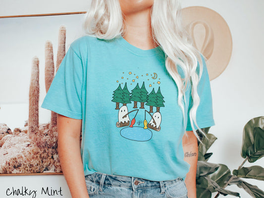 The Ghosts Fishing Forest Comfort Colors Shirt, Camping Ghost Tee, Camp Halloween Shirt, Cute Spooky Tee, Camping Gift Halloween