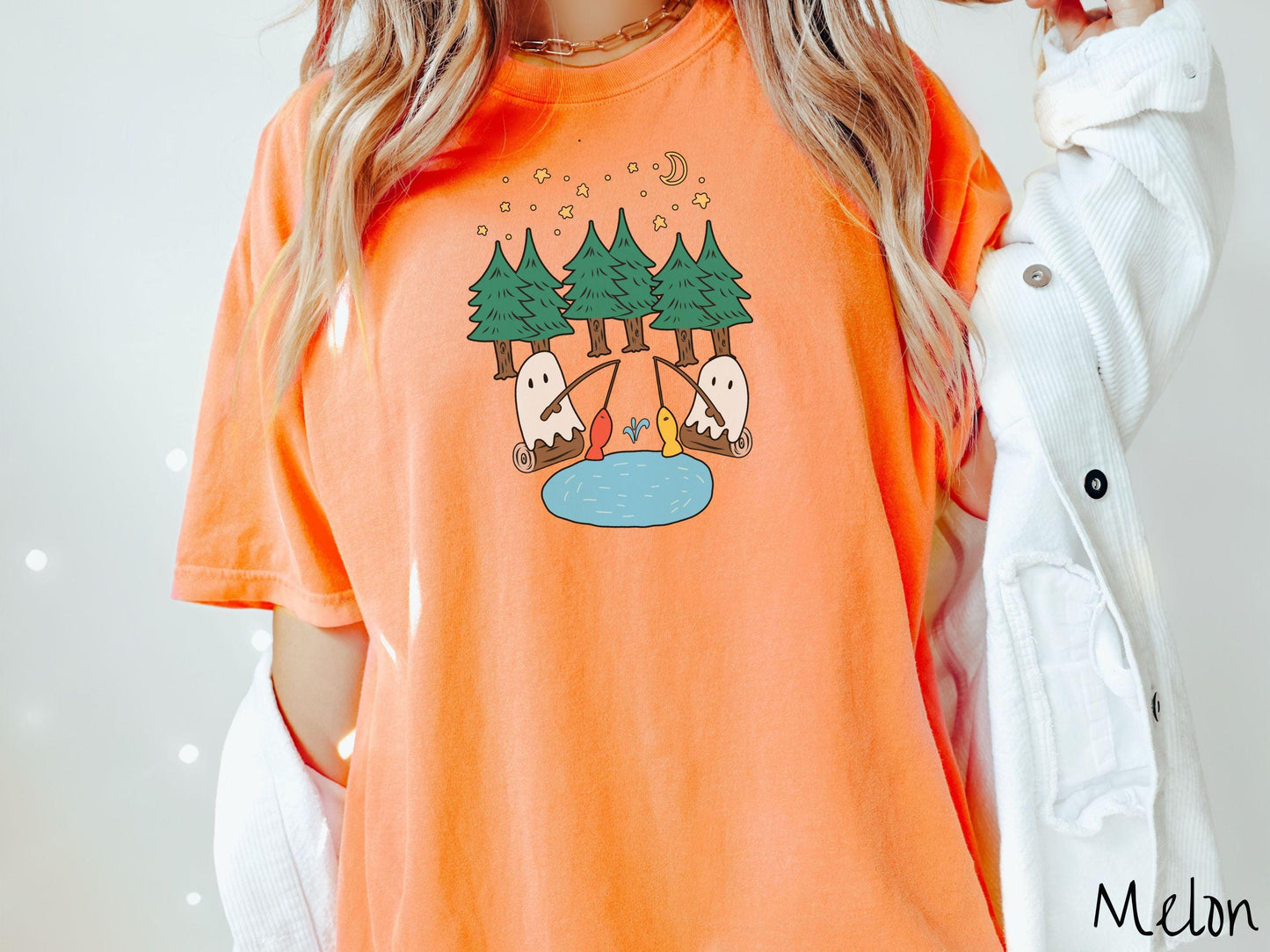 The Ghosts Fishing Forest Comfort Colors Shirt, Camping Ghost Tee, Camp Halloween Shirt, Cute Spooky Tee, Camping Gift Halloween