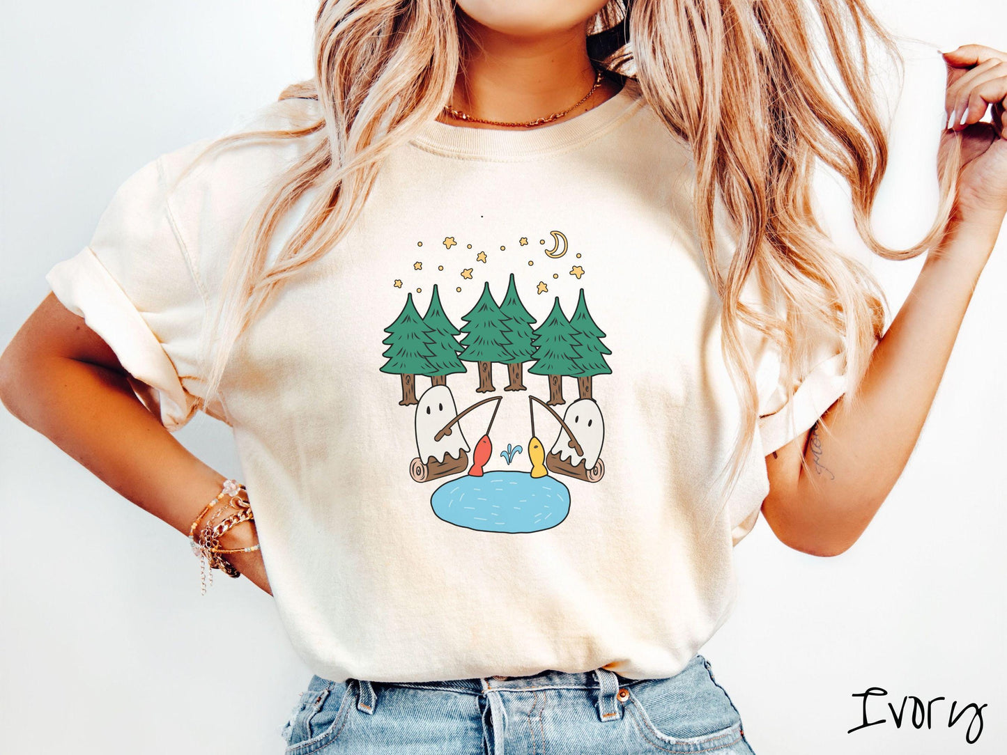 The Ghosts Fishing Forest Comfort Colors Shirt, Camping Ghost Tee, Camp Halloween Shirt, Cute Spooky Tee, Camping Gift Halloween