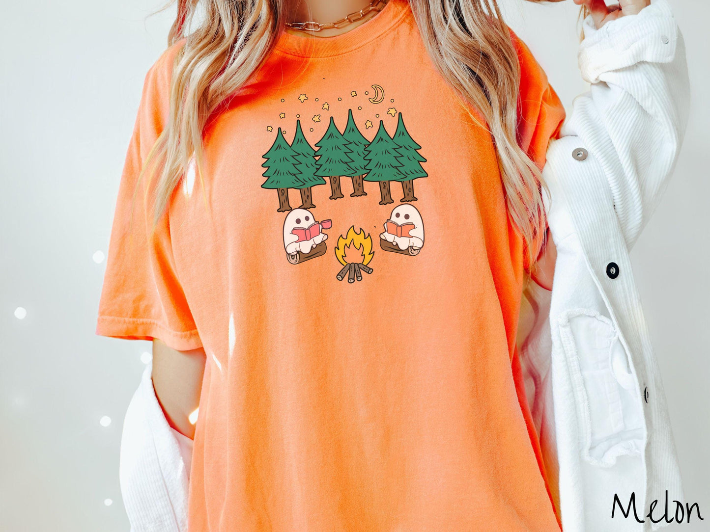The Ghosts Reading Comfort Colors Shirt, Camping Ghost Tee, Camp Halloween Shirt, Cute Spooky Tee, Camping Gift Halloween