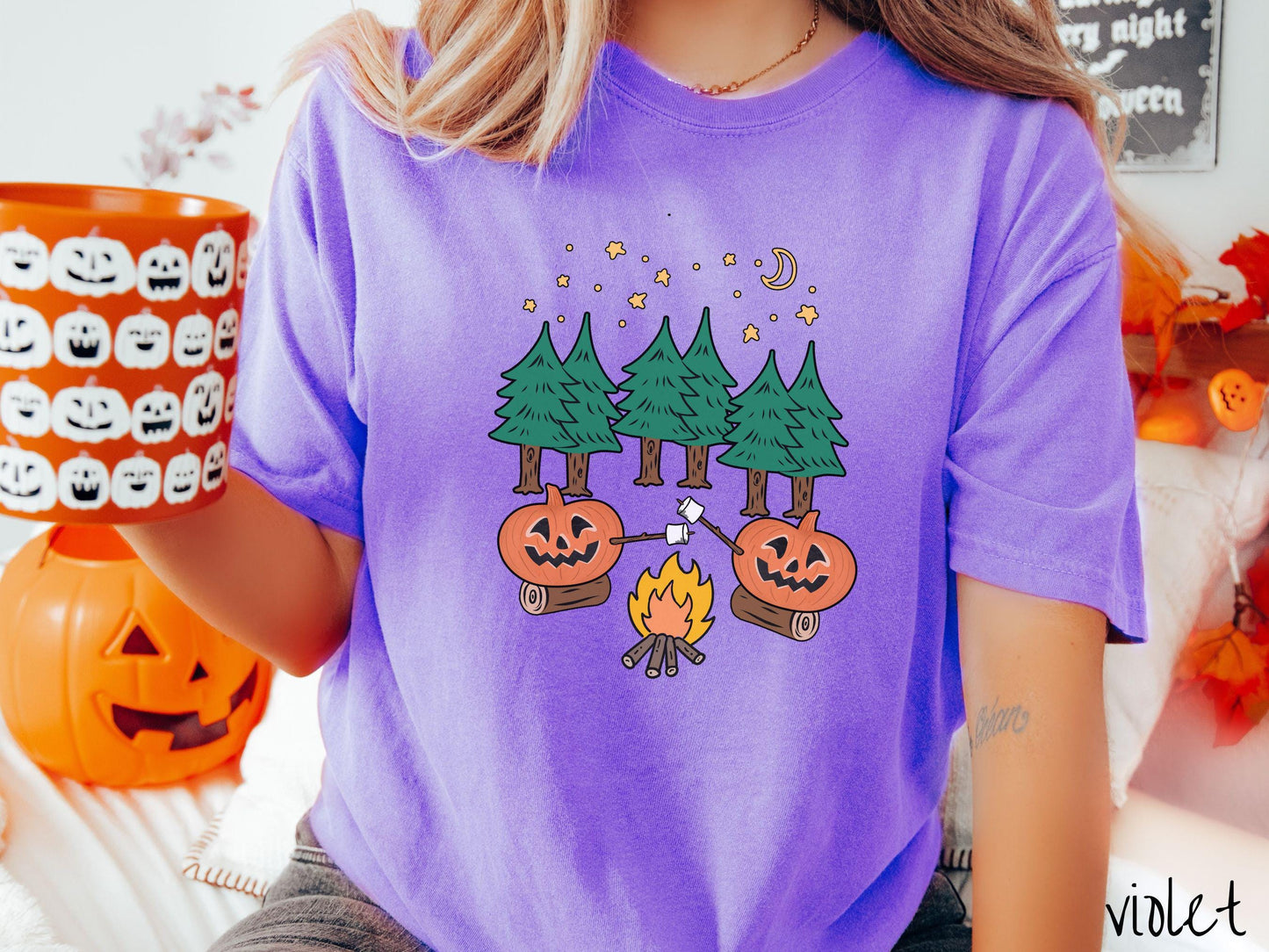 The Cozy Forest Pumpkins Camping Comfort Colors Shirt, Camping Ghost Tee, Camp Halloween Shirt, Cute Spooky Tee, Camping Gift Halloween
