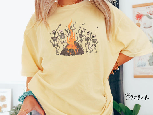 Vintage Dancing Skeletons Bonfire Comfort Colors Shirt, Camping Ghost Tee, Gothic Skeletons Shirt, Cute Spooky Tee, Camping Gift Halloween
