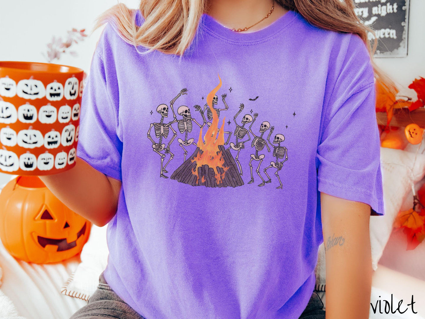 Vintage Dancing Skeletons Bonfire Comfort Colors Shirt, Camping Ghost Tee, Gothic Skeletons Shirt, Cute Spooky Tee, Camping Gift Halloween