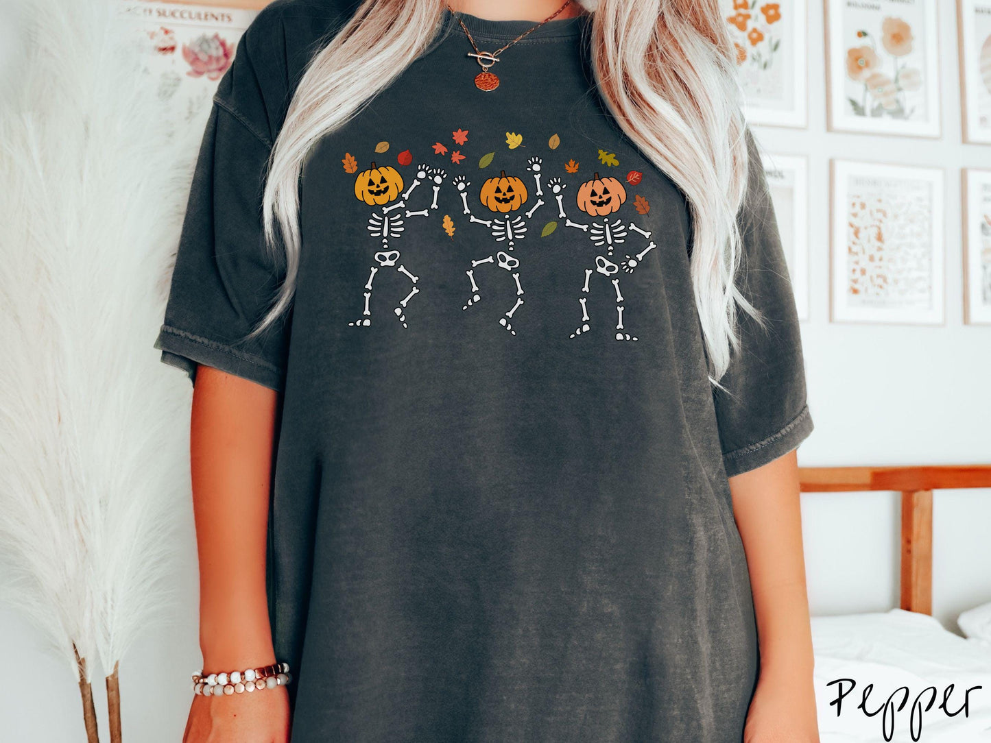 The Cozy Fall Dancing Skeletons Comfort Colors Shirt, Camping Ghost Tee, Fall Leaves, Cute Spooky Tee, Spooky Fall Shirt