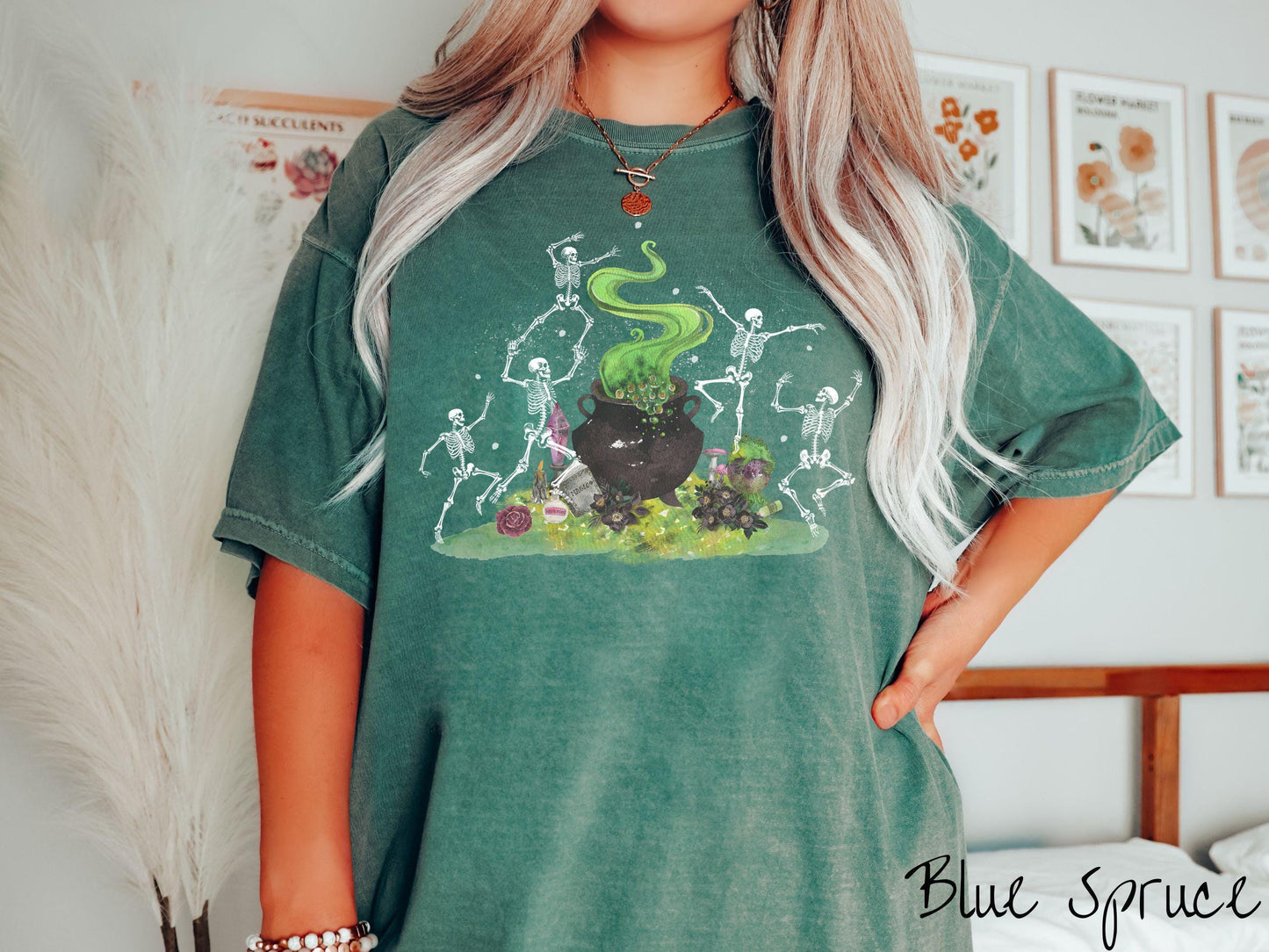 The Witchy Dancing Skeletons Comfort Colors Shirt, Witch Cauldron Potion Tee, Fall Leaves, Cute Spooky Tee, Spooky Fall Shirt