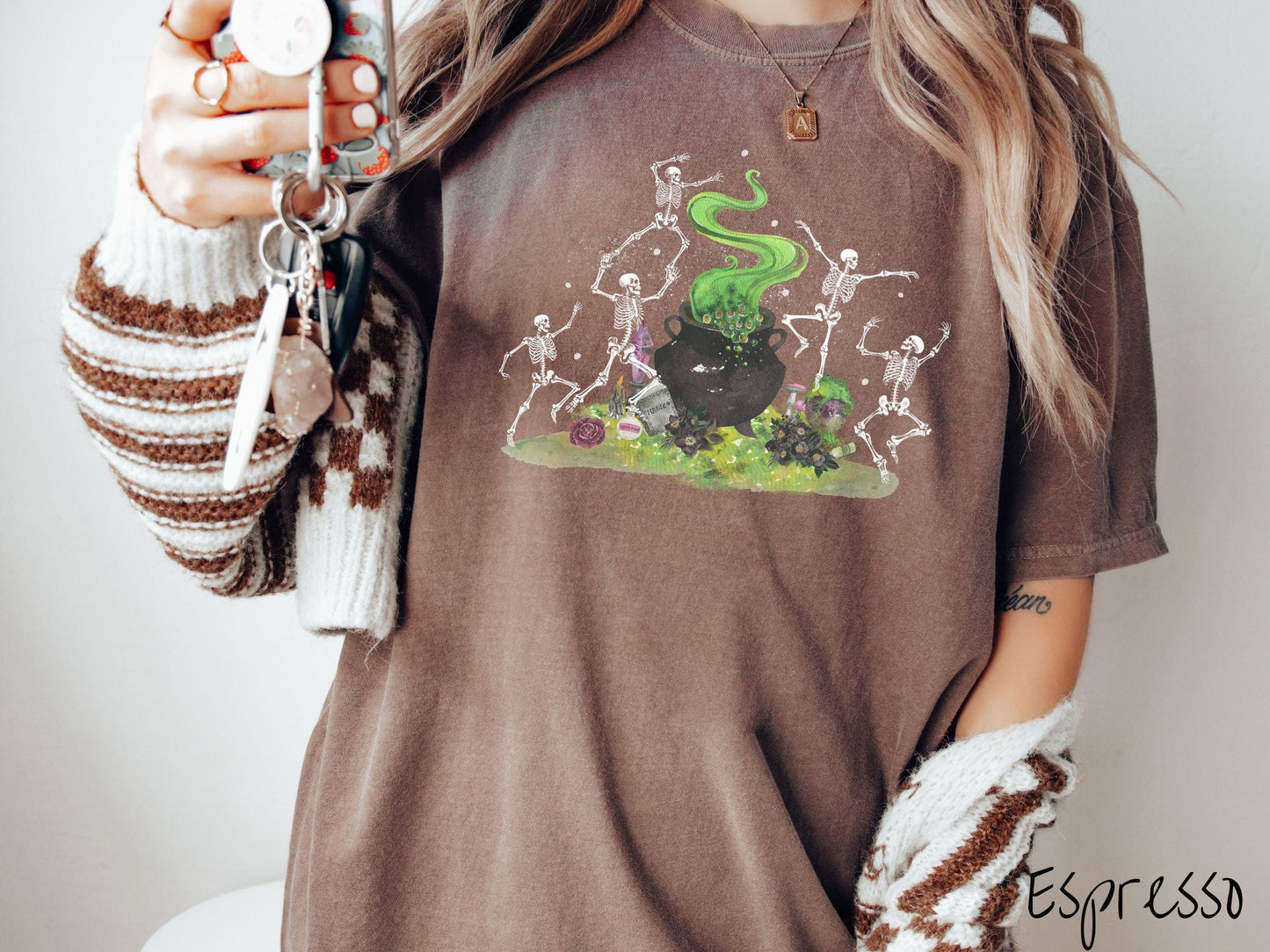 The Witchy Dancing Skeletons Comfort Colors Shirt, Witch Cauldron Potion Tee, Fall Leaves, Cute Spooky Tee, Spooky Fall Shirt