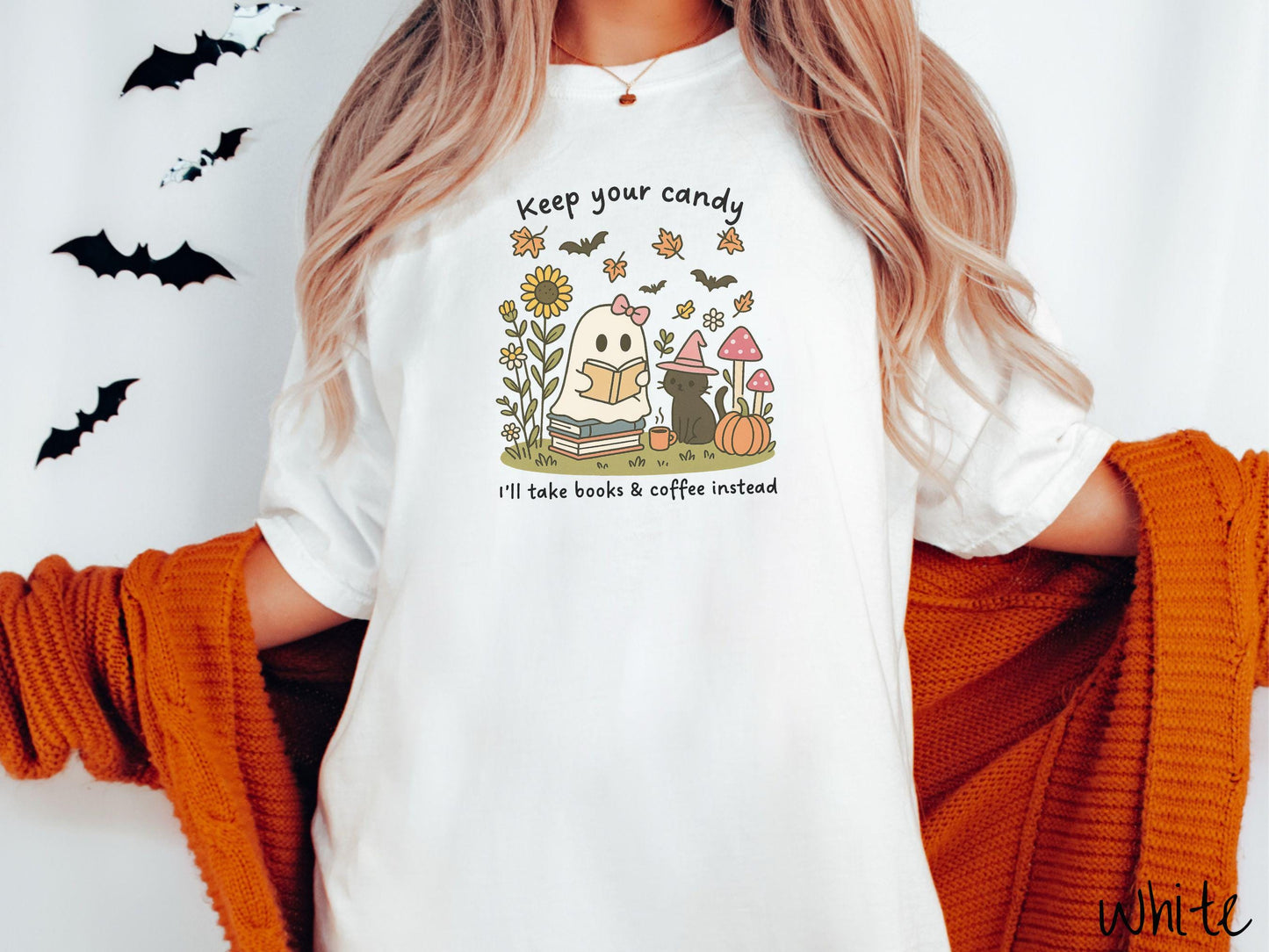 The Teacher Ghost Reading a Book with Cat Comfort Colors Shirt, Vintage Halloween Shirt, Cute Spooky Tee, Halloween Gift, Retro Halloween