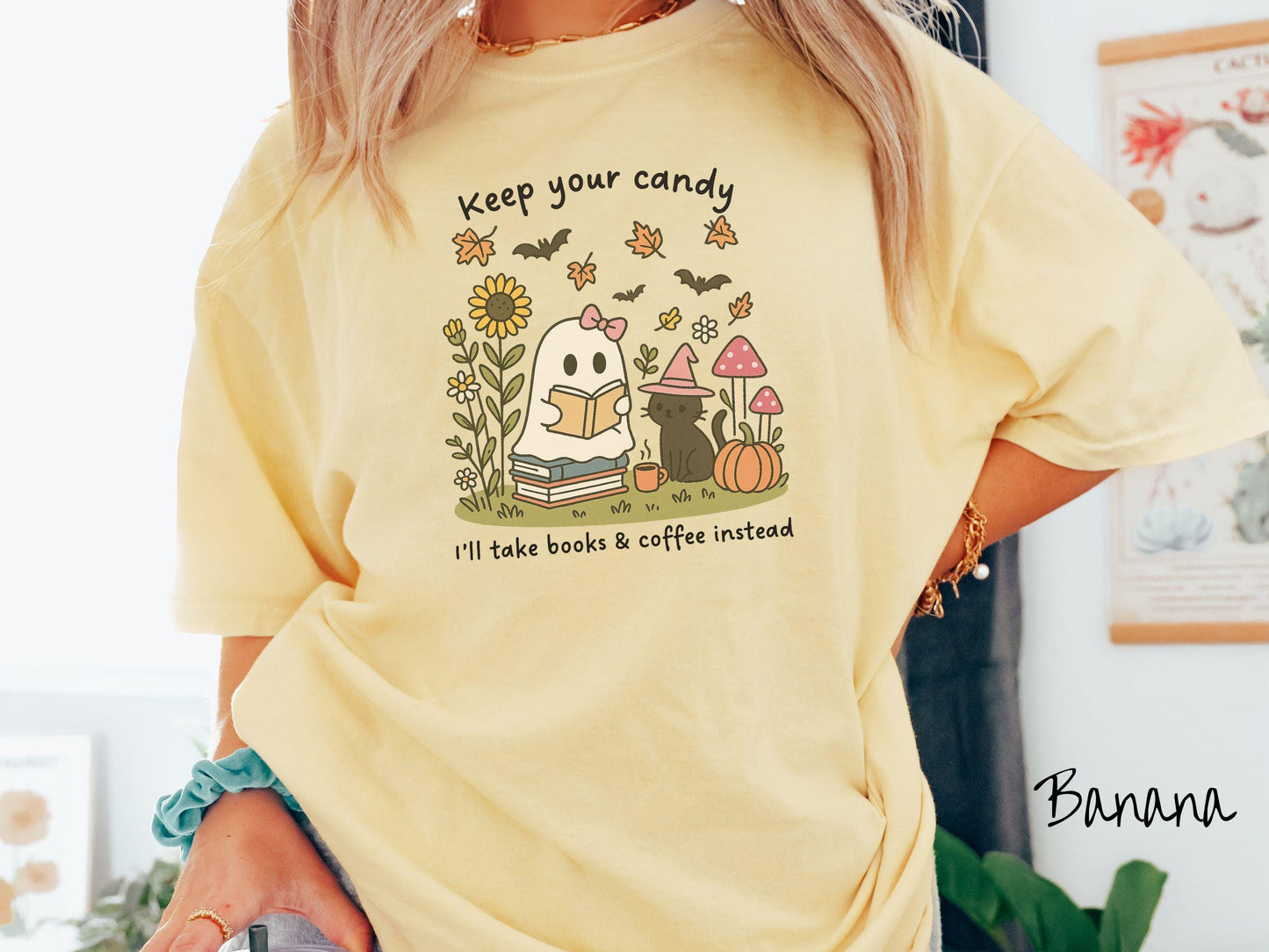 The Teacher Ghost Reading a Book with Cat Comfort Colors Shirt, Vintage Halloween Shirt, Cute Spooky Tee, Halloween Gift, Retro Halloween