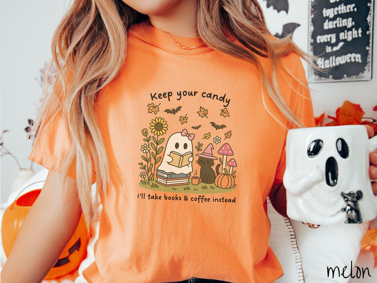 The Teacher Ghost Reading a Book with Cat Comfort Colors Shirt, Vintage Halloween Shirt, Cute Spooky Tee, Halloween Gift, Retro Halloween