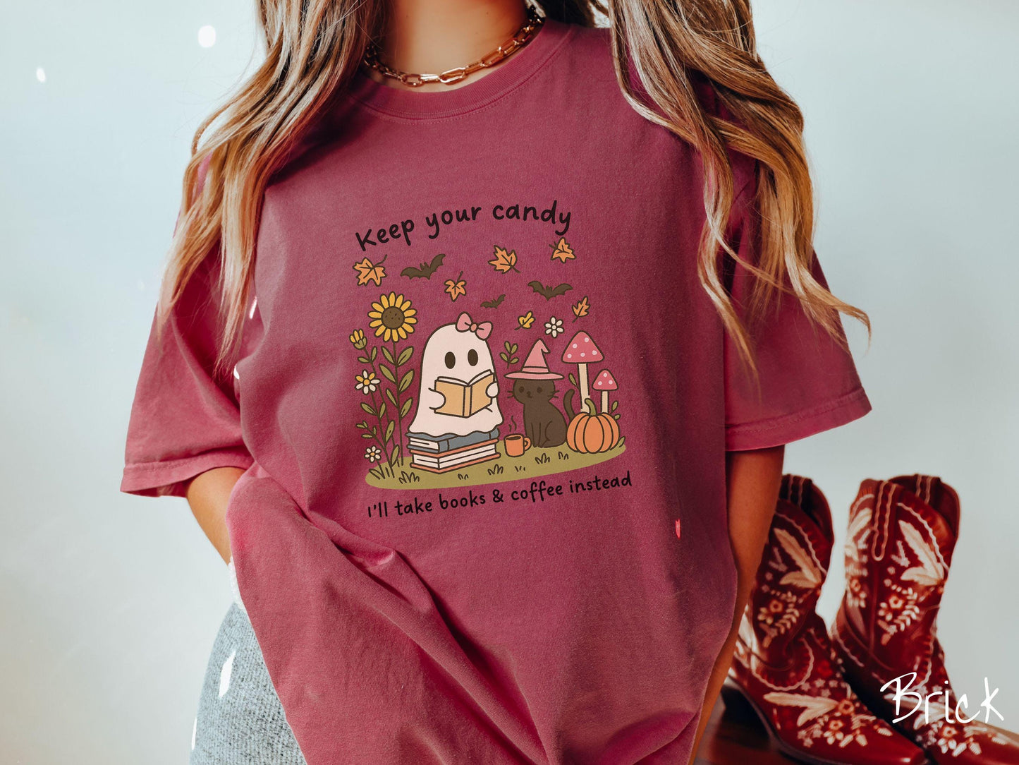 The Teacher Ghost Reading a Book with Cat Comfort Colors Shirt, Vintage Halloween Shirt, Cute Spooky Tee, Halloween Gift, Retro Halloween