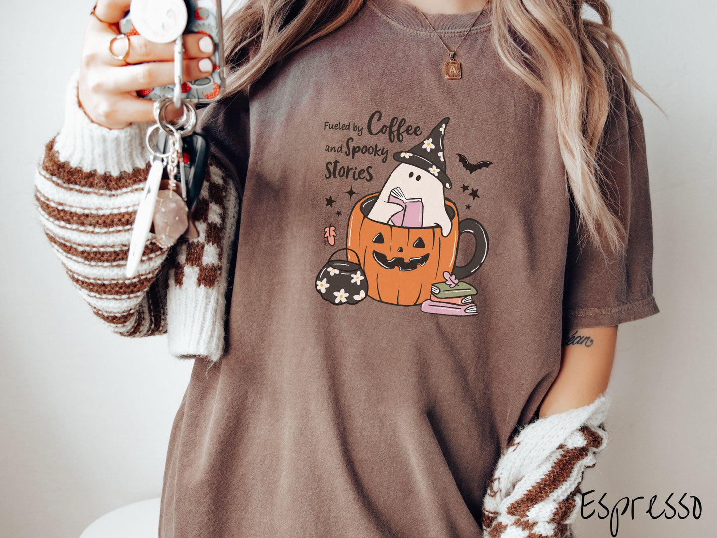 The Fueled by Coffee & Spooky Stories Comfort Colors Shirt, Vintage Halloween Shirt, Cute Spooky Tee, Halloween Gift, Retro Halloween
