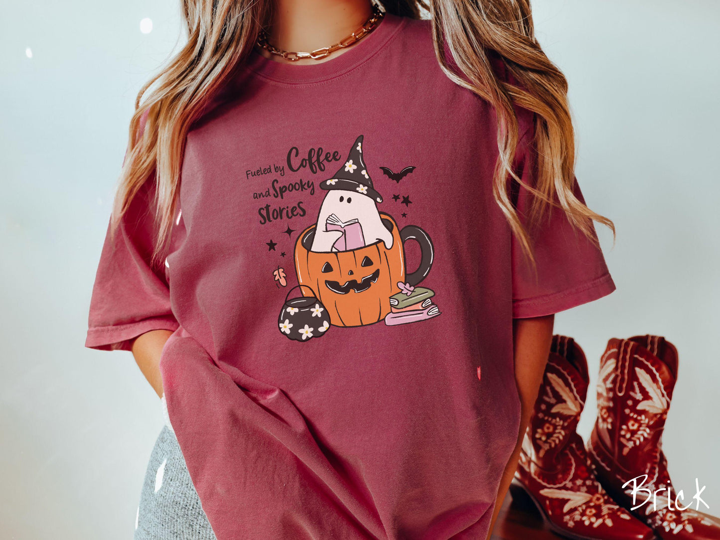 The Fueled by Coffee & Spooky Stories Comfort Colors Shirt, Vintage Halloween Shirt, Cute Spooky Tee, Halloween Gift, Retro Halloween