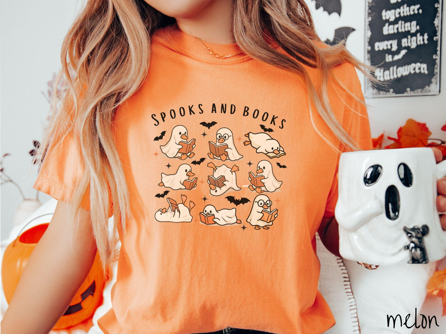 The Spooks and Books Teacher Comfort Colors Shirt, Vintage Goose Halloween Shirt, Cute Spooky Tee, Halloween Gift, Retro Halloween