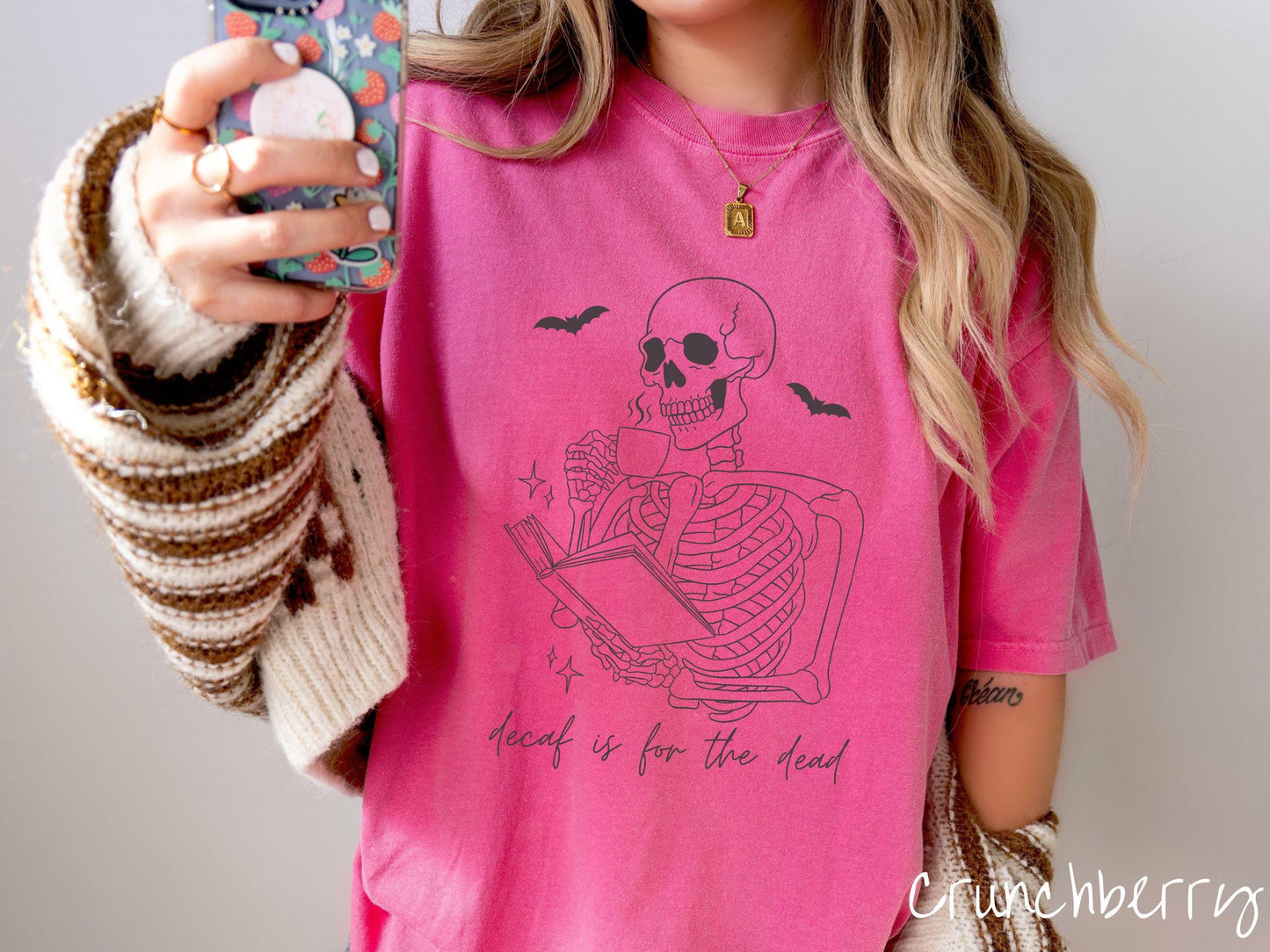The Decaf is for the Dead Comfort Colors Shirt, Skeleton Book and Coffee Tee, Gothic Skeletons Shirt, Cute Spooky Tee, Halloween Gift