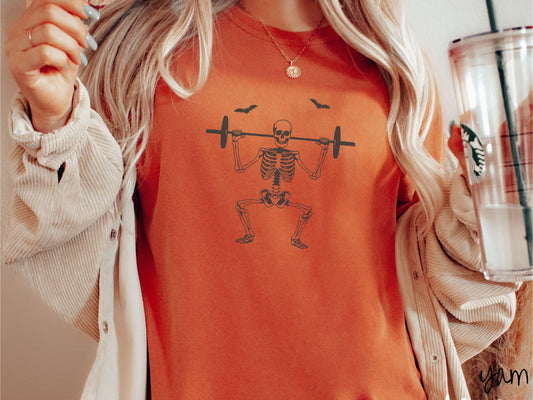 The Squatting Skeleton Comfort Colors Shirt, Skeleton Weight Lifting Tee, Gothic Skeletons Shirt, Cute Spooky Tee, Halloween Gift