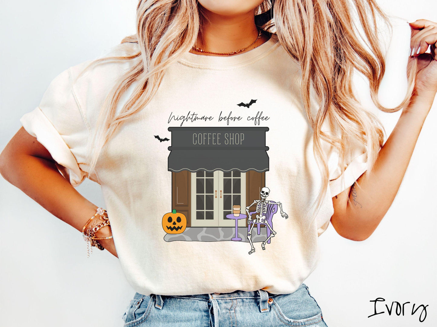 The Nightmare Before Coffee Comfort Colors Shirt, Skeleton Coffee Shop Tee, Gothic Skeletons Shirt, Cute Spooky Tee, Halloween Gift
