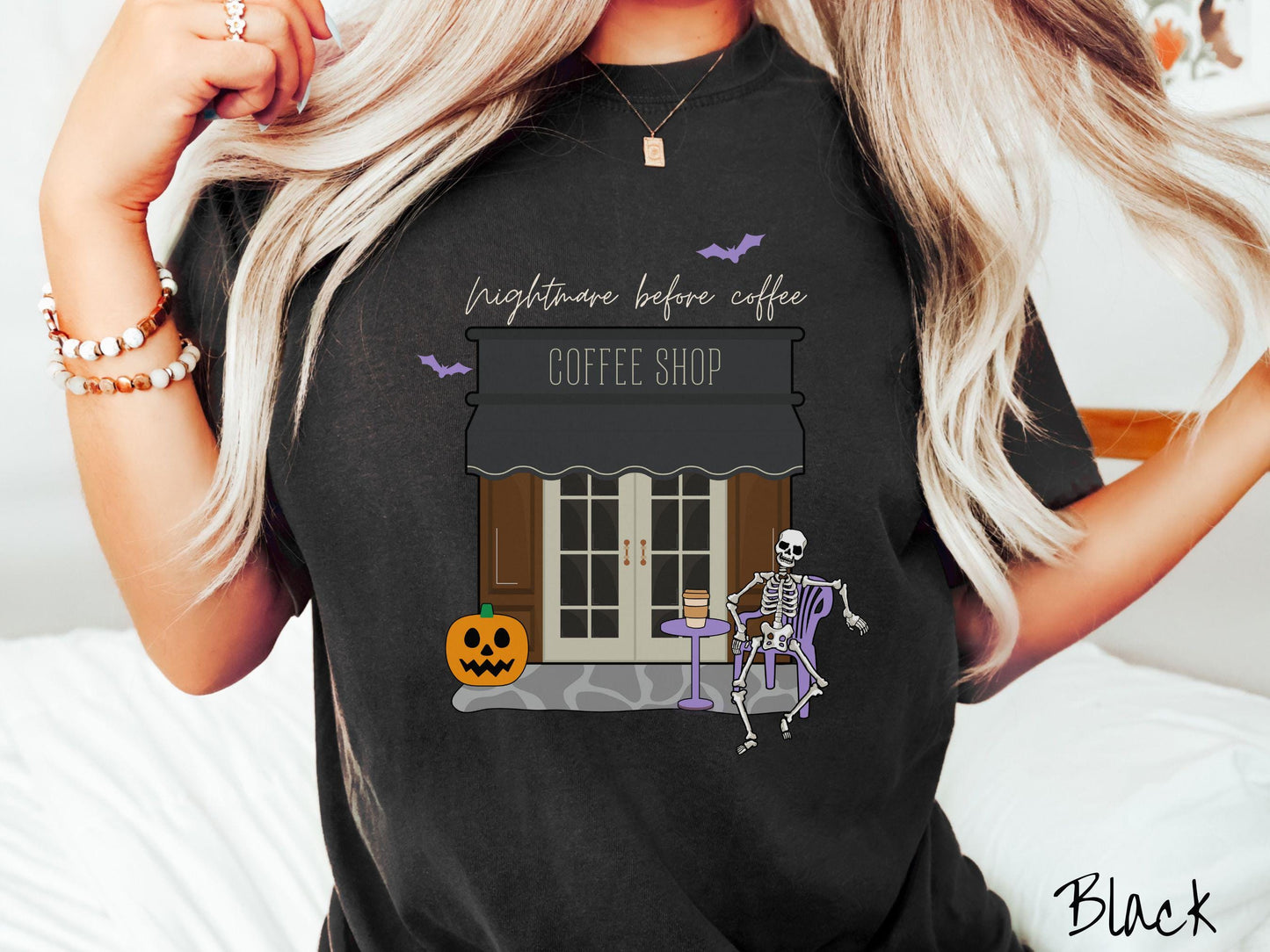 The Nightmare Before Coffee Comfort Colors Shirt, Skeleton Coffee Shop Tee, Gothic Skeletons Shirt, Cute Spooky Tee, Halloween Gift