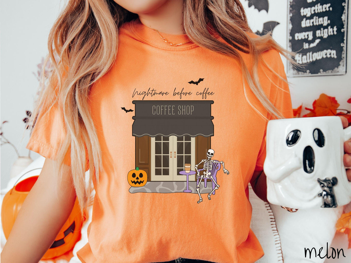 The Nightmare Before Coffee Comfort Colors Shirt, Skeleton Coffee Shop Tee, Gothic Skeletons Shirt, Cute Spooky Tee, Halloween Gift