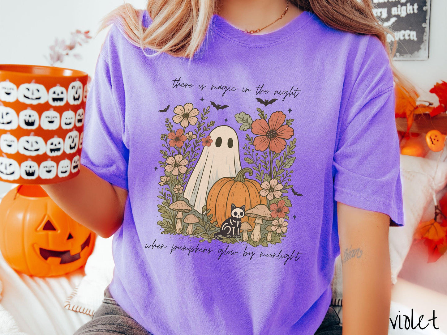The Storybook Halloween Ghost Scene Comfort Colors Shirt, Pumpkin Patch Shirt, Cute Spooky Tee, Halloween Gift, Retro Halloween