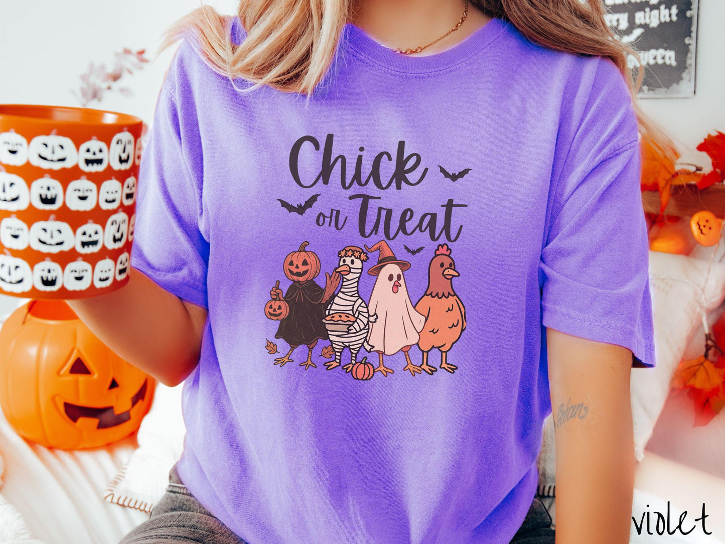 The Chick or Treat Comfort Colors Shirt, Halloween Chicken Shirt, Cute Spooky Tee, Halloween Gift, Retro Halloween