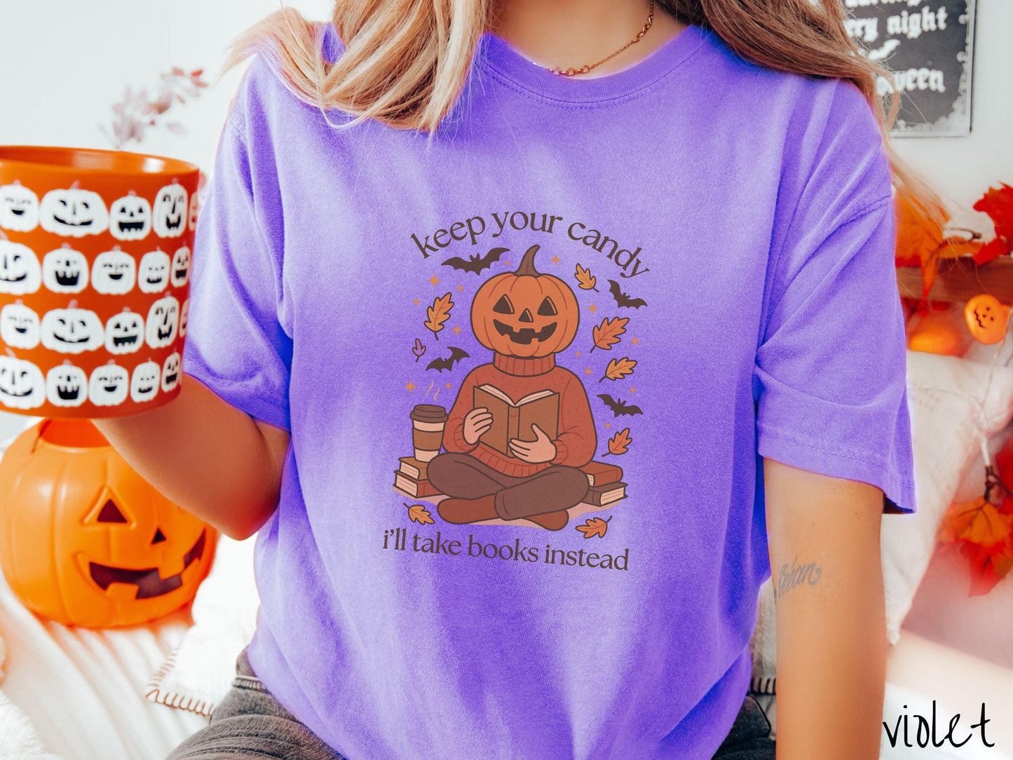 The Cozy Fall Books Pumpkin Comfort Colors Shirt, Warm Cozy Halloween Shirt, Cute Spooky Tee, Halloween Gift, Retro Halloween