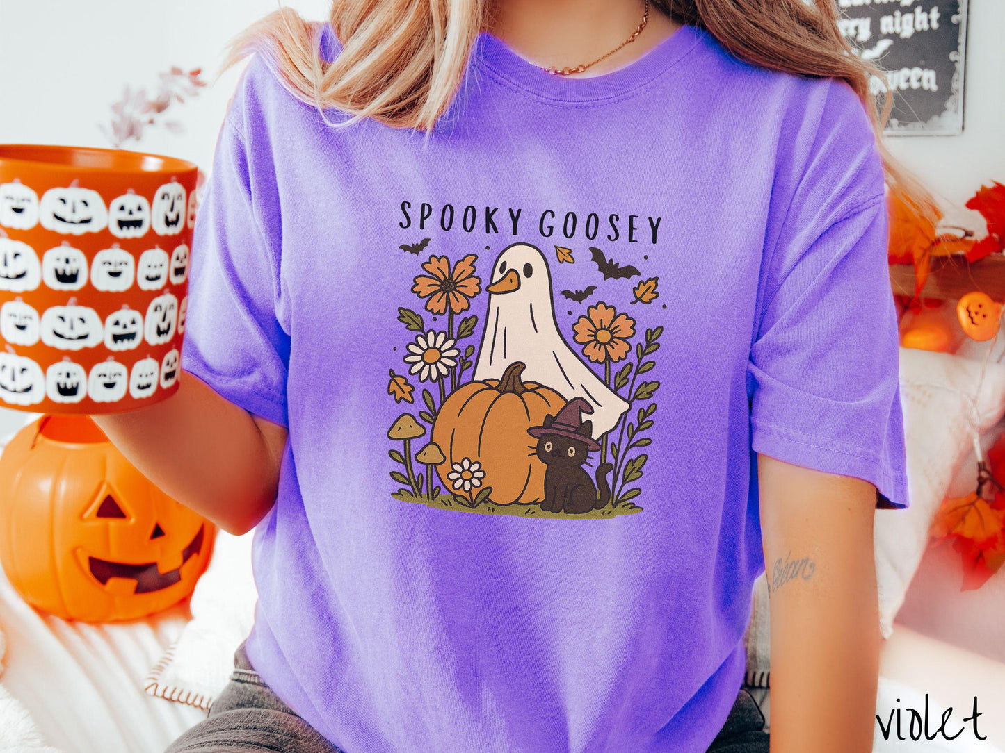 The Spooky Goosey and Cat Comfort Colors Shirt, Vintage Halloween Shirt, Cute Spooky Tee, Halloween Gift, Retro Halloween