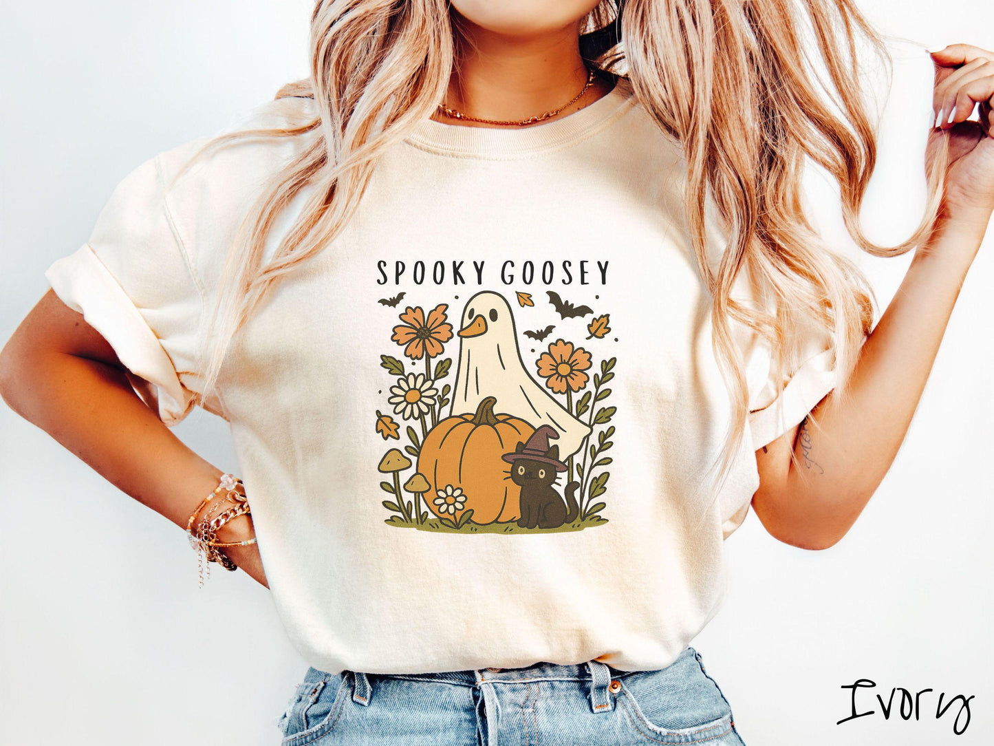 The Spooky Goosey and Cat Comfort Colors Shirt, Vintage Halloween Shirt, Cute Spooky Tee, Halloween Gift, Retro Halloween