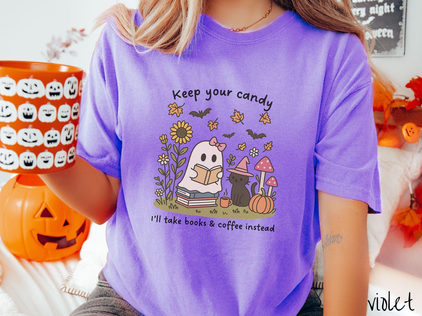The Teacher Ghost Reading a Book with Cat Comfort Colors Shirt, Vintage Halloween Shirt, Cute Spooky Tee, Halloween Gift, Retro Halloween