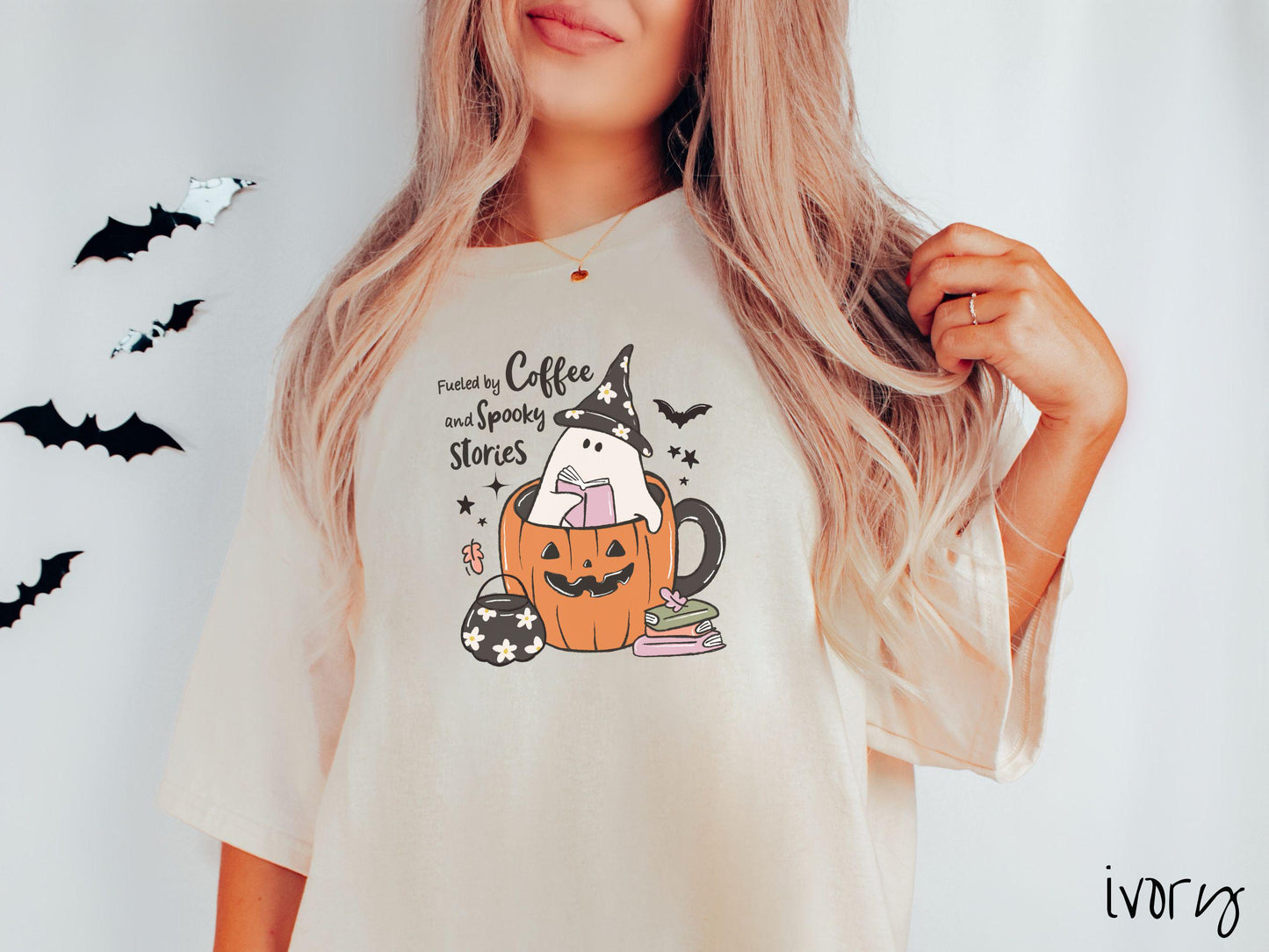The Fueled by Coffee & Spooky Stories Comfort Colors Shirt, Vintage Halloween Shirt, Cute Spooky Tee, Halloween Gift, Retro Halloween