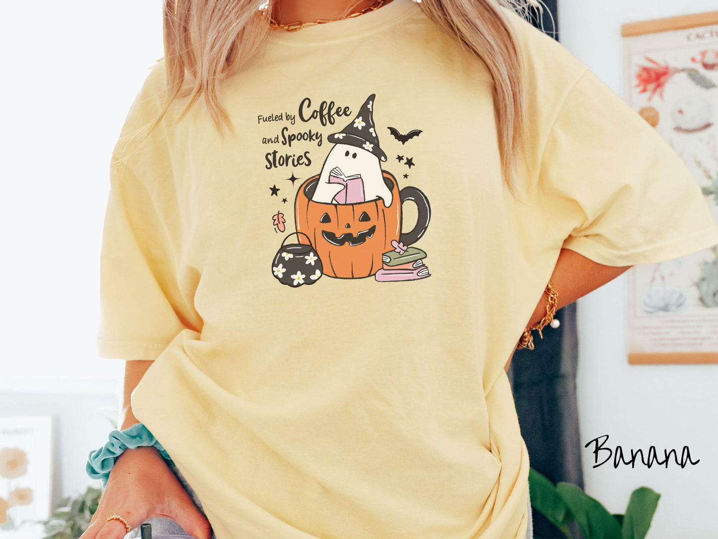 The Fueled by Coffee & Spooky Stories Comfort Colors Shirt, Vintage Halloween Shirt, Cute Spooky Tee, Halloween Gift, Retro Halloween