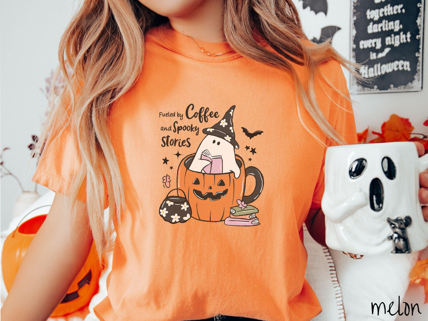 The Fueled by Coffee & Spooky Stories Comfort Colors Shirt, Vintage Halloween Shirt, Cute Spooky Tee, Halloween Gift, Retro Halloween