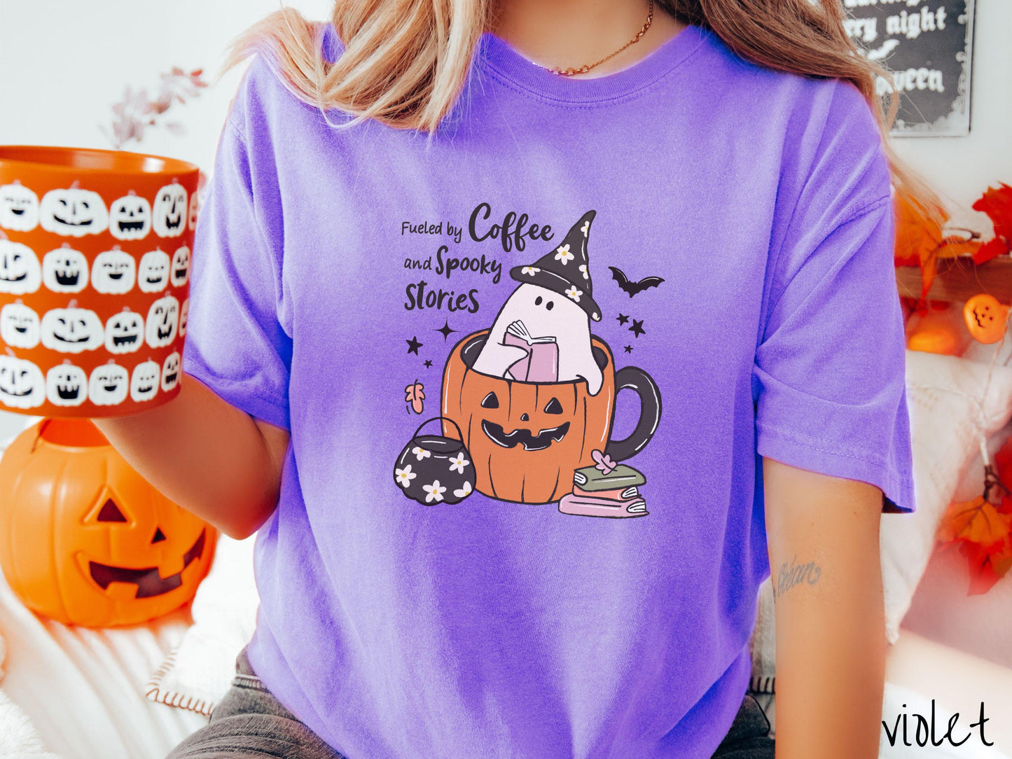 The Fueled by Coffee & Spooky Stories Comfort Colors Shirt, Vintage Halloween Shirt, Cute Spooky Tee, Halloween Gift, Retro Halloween